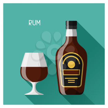 Bottle and glass of rum in flat design style.