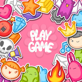 Game kawaii background. Cute gaming design elements, objects and symbols.