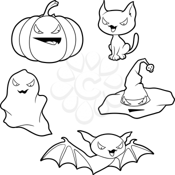 Vector collection of Halloween-related objects and creatures.