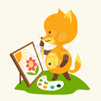 Little cute baby fox draws picture.