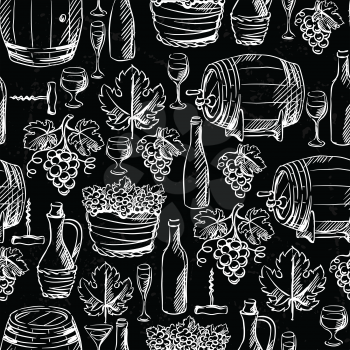 Wine and winemaking seamless pattern drawn by chalk.