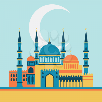 Islamic greeting card with mosque in flat design style.