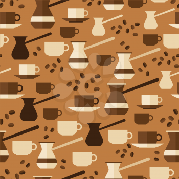 Seamless pattern with coffee icons in flat design style.