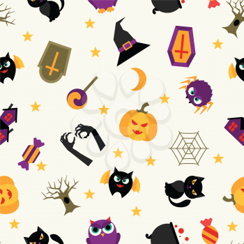 Happy halloween seamless pattern with flat icons.