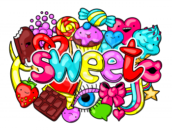 Kawaii print with sweets and candies. Crazy sweet-stuff in cartoon style.