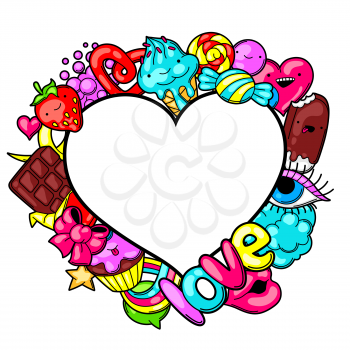 Kawaii heart frame with sweets and candies. Crazy sweet-stuff in cartoon style.