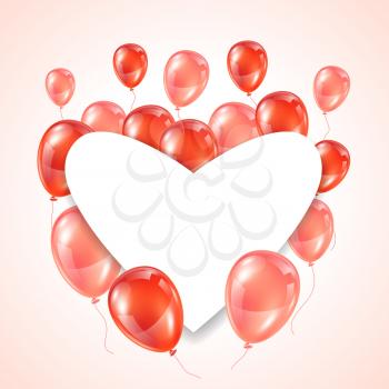 Greeting card with pink and red glossy balloons. Frame shape of heart.