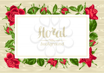 Invitation card with red roses. Beautiful realistic flowers, buds and leaves.