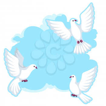 Background with white doves. Beautiful pigeons faith and love symbol.