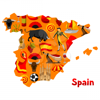 Map of Spain background design. Spanish traditional symbols and objects.