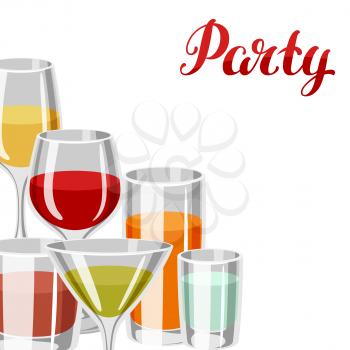 Background with alcohol drinks and cocktails in various glasses. Party invitation.