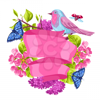 Spring garden background or greeting card. Natural illustration with blossom flower, robin birdie and butterfly.