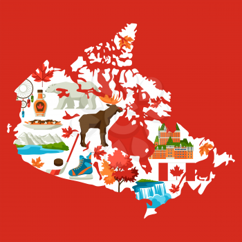 Illustration of Canada map. Canadian traditional symbols and attractions.