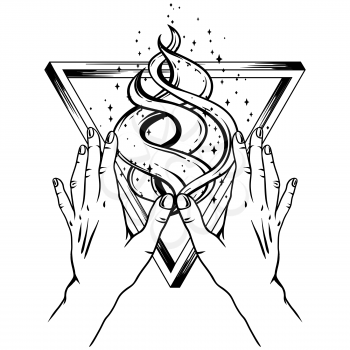 Open hands with all seeing eye and triangle. Spirituality, astrology and esoteric concept. Black and white hand drawn illustration.