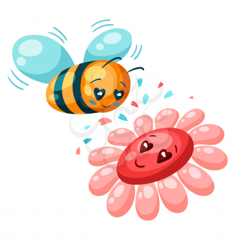 Cute bee and flower in love. Valentine Day greeting card. Illustration of kawaii characters with eyes hearts.
