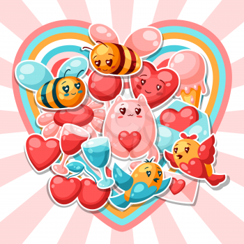 Happy Valentine Day greeting card. Kawaii illustration with love symbols.