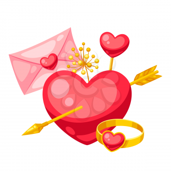 Happy Valentine Day illustration. Holiday romantic items and love symbols.