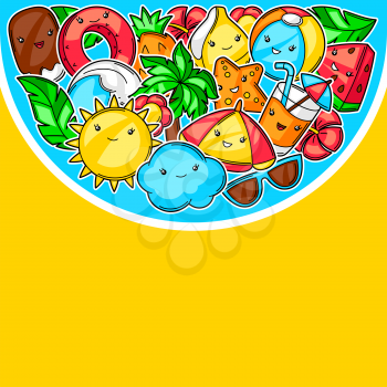 Background with cute kawaii summer items. Vacation and beach funny character.