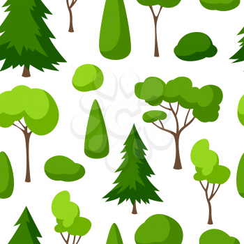 Seamless pattern with trees, spruces and bushes. Summer or spring landscape. Seasonal nature illustration.