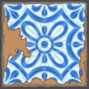 Portuguese azulejo vintage ceramic tile pattern. Old grunge background with chipped enamel tile. Italian pottery or spanish majolica. Mediterranean traditional ornament.