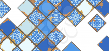 Portuguese azulejo vintage ceramic tile background. Old grunge illustration with chipped enamel tile. Italian pottery or spanish majolica. Mediterranean traditional ornament.
