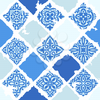 Portuguese azulejo vintage ceramic tile seamless pattern. Old grunge background with chipped enamel tile. Italian pottery or spanish majolica. Mediterranean traditional ornament.