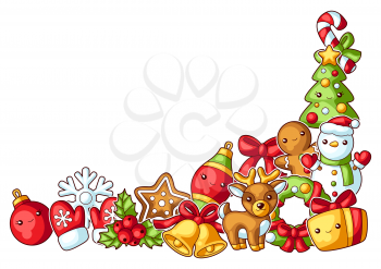 Sweet Merry Christmas decorative element. Cute characters and symbols. Holiday background in cartoon style. Happy lovely celebration.