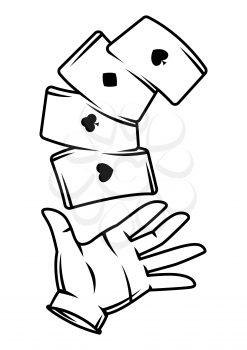Magician hand in white glove with playing cards. Trick or magic illustration. Black and white stylized picture.