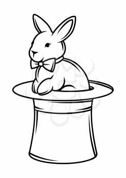 Magician cylinder in which rabbit sits. Trick or magic illustration. Black and white stylized picture.
