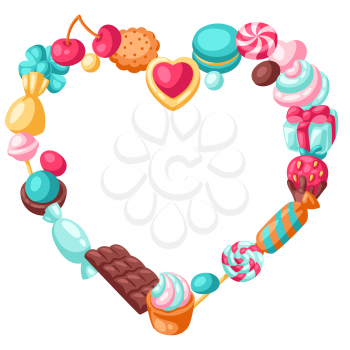 Frame with colorful various candies and sweets. Confectionery or bakery stylized illustration.