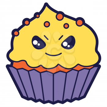 Illustration of cupcake in cartoon style. Happy Halloween angry character. Symbol of holiday in comic style.