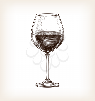 Red wine. Hand drawn vector illustration of wineglass. Retro style.