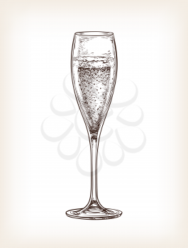 Glass of champagne. Hand drawn vector illustration. Retro style.