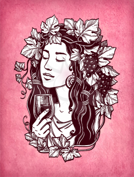Beautiful woman holding a glass of red wine in her hand. Wreath of grape leaves. Ink sketch on old paper background. Hand drawn vector illustration. Retro style.