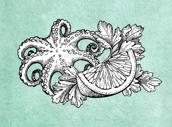 Octopus with lemon and parsley. Seafood ink sketch on old paper background. Hand drawn vector illustration. Retro style.