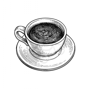Cup of hot chocolate or coffee. Ink sketch isolated on white background. Hand drawn vector illustration. Retro style. 