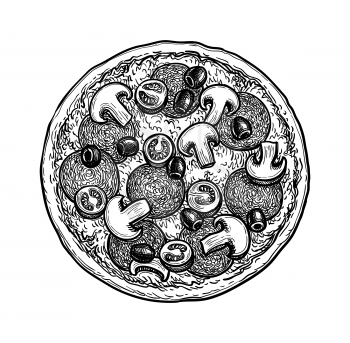 Unsliced pizza topped with mushrooms, olives and sausage. Ink sketch isolated on white background. Hand drawn vector illustration. Retro style.