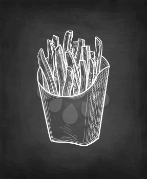 French fries. Fried potatoes. Chalk sketch on blackboard background. Hand drawn vector illustration. Retro style.