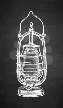 Kerosene lamp. Vintage oil lantern. Chalk sketch on blackboard background. Hand drawn vector illustration. Retro style.