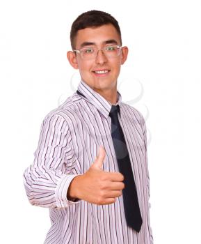 Cheerful young man showing thumb up sign, isolated over white