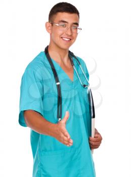 Portrait of medical male doctor with greeting gesture, isolated over white