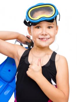 Happy girl with snorkel equipment, isolated over white