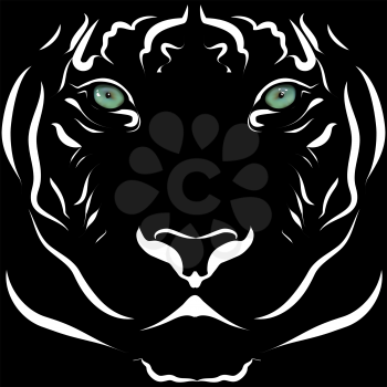 Realistic tiger head image black and white with lively eyes. In a cartoon manner.