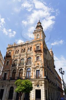 Historic buildings and monuments of Seville, Spain. Architectural details, stone facade and museums Europe.