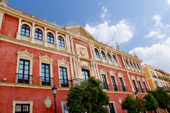 Historic buildings and monuments of Seville, Spain. Architectural details, stone facade and museums Europe. Spanish architectural. PLAZA de San FRANCISCO