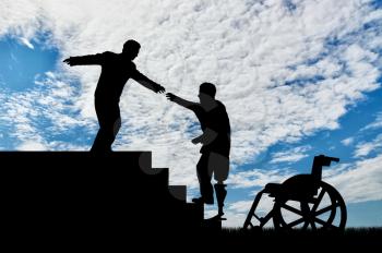 Disabled in wheelchair holding hand of man and climb stairs day. Concept help disabled