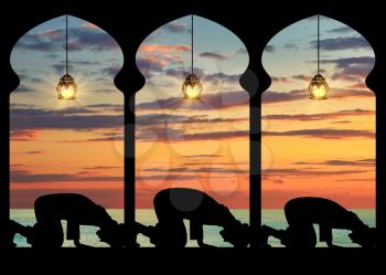 concept of the Islamic religion. Silhouette of praying Muslims in the background of the sea sunset