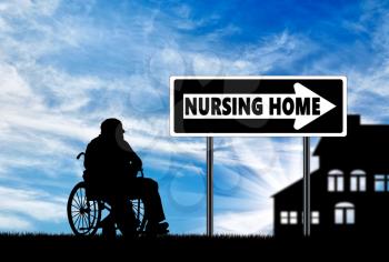 Silhouette of an elderly man in a wheelchair next to the nursing home
