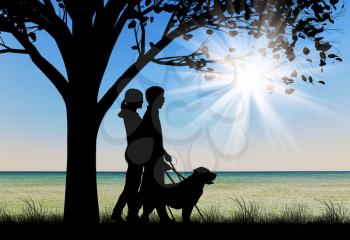 Blind people disabilities with cane and dog guide walking under tree on sea day. Concept help blind people disabilities