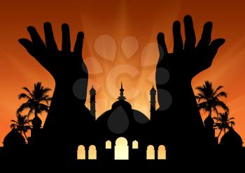 Concept of the Islamic religion. Silhouette of hands praying on the background of the town hall at sunset
